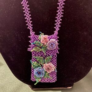 Vintage Purple Beaded Floral Amulet Medicine Totem Pouch Necklace. 36 inches